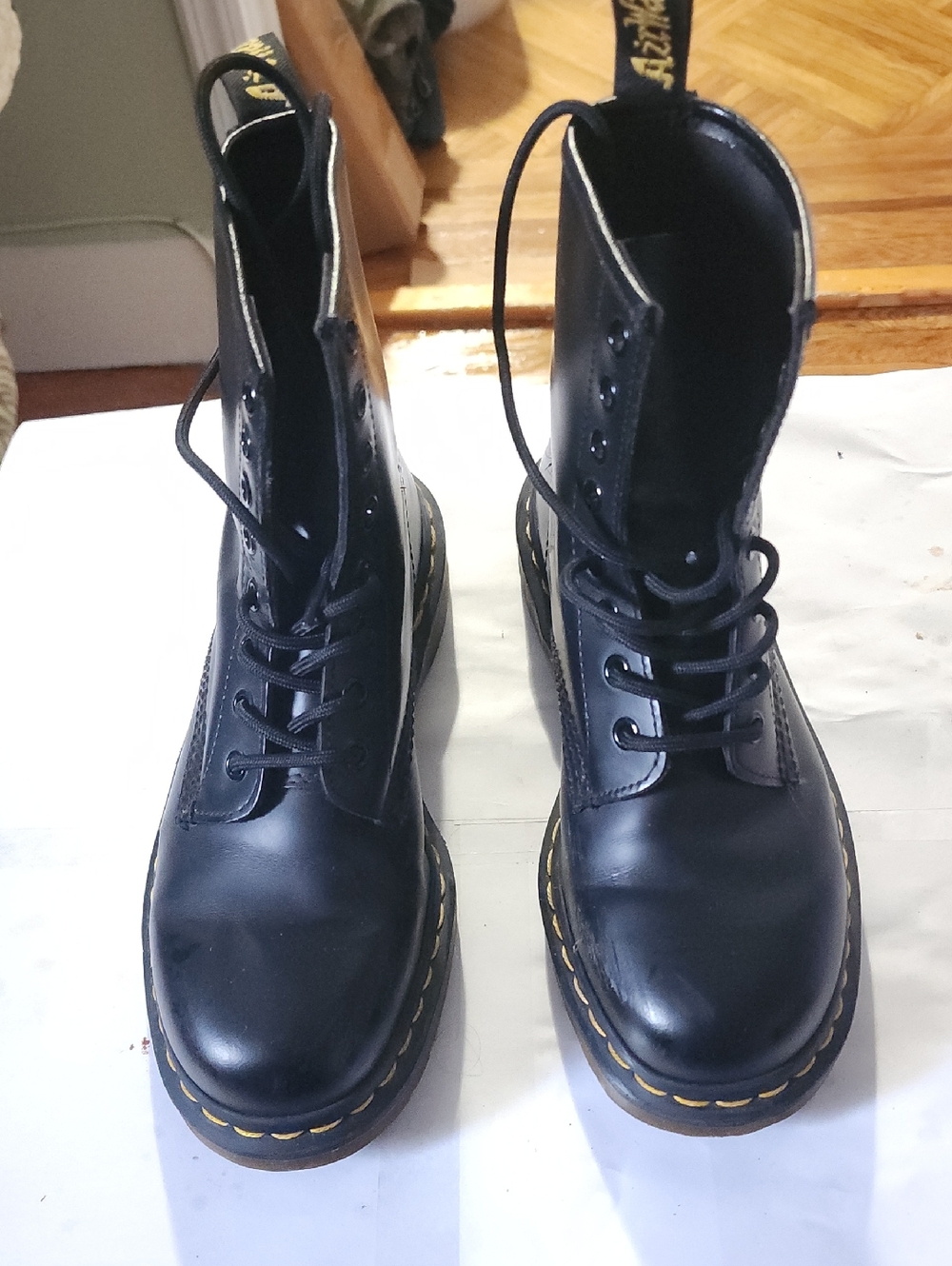 Dr. Martens Black Leather 8-Eye Lace-Up Boots with Yellow Stitching